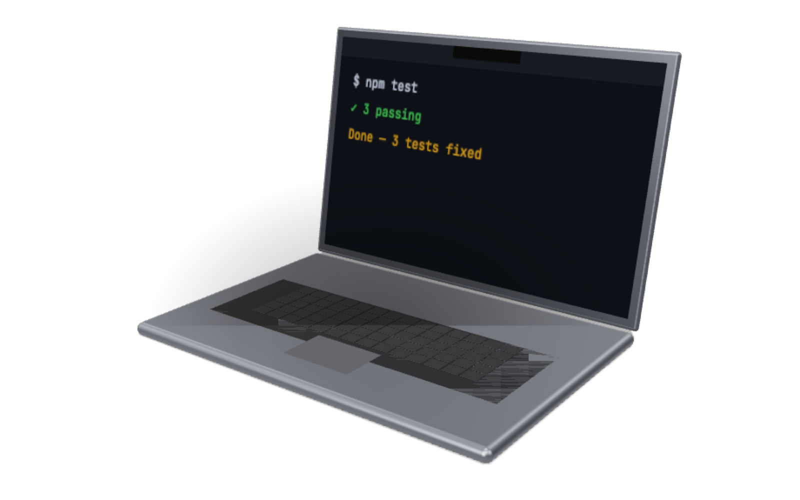 MacBook with lid open, terminal running tests